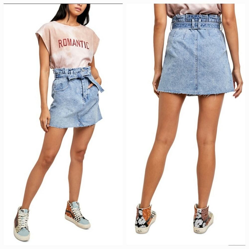 Free People Size 27 East of Eden Belted Denim Frayed Mini Skirt Mid Indigo Blue